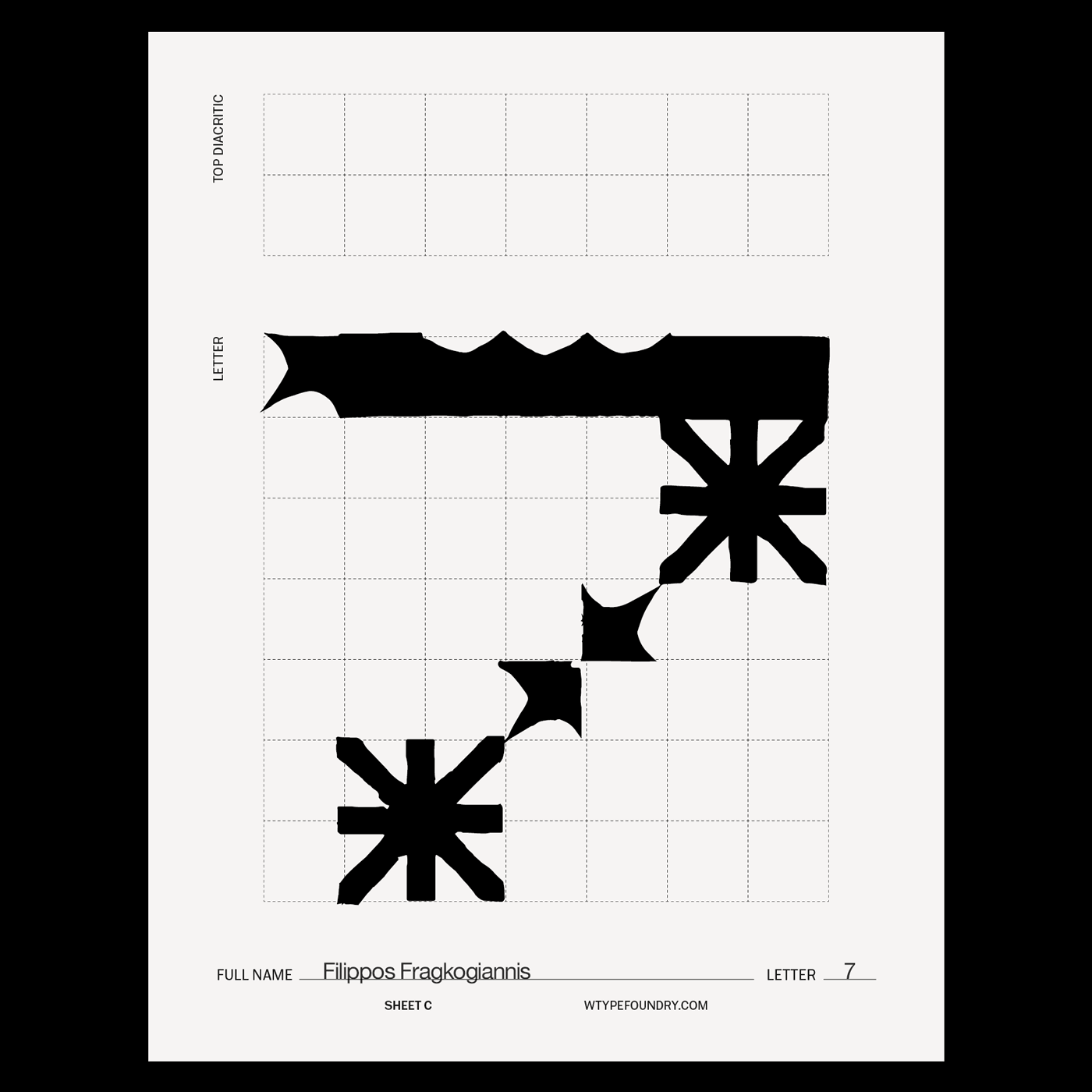A typography design worksheet from W Type Foundry featuring a collaborative typeface project. The sheet is labeled 