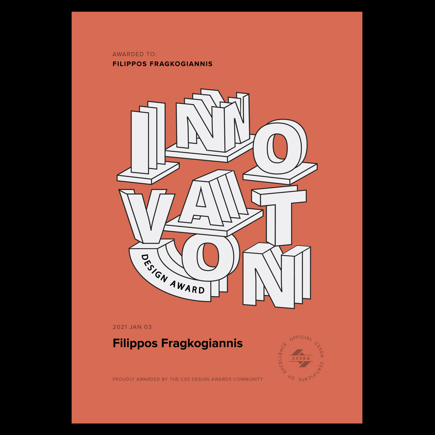 A digital certificate with a coral-orange background awarded to Filippos Fragkogiannis. The centerpiece features the word 