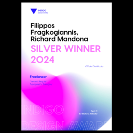 A digital certificate from the Indigo Design Award recognizing Filippos Fragkogiannis and Richard Mandona as Silver Winner 2024 in the Typography Category for their typeface Vercetti Regular. The certificate has a modern design with a white background and a gradient of pink, purple, and blue abstract shapes. 