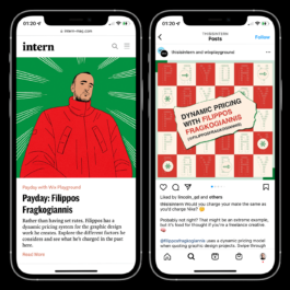 Two smartphones display an interview feature with Filippos Fragkogiannis on Intern Magazine. The left screen shows a stylized illustration of Filippos wearing a red jacket against a green background with radiating lines. The article is titled 