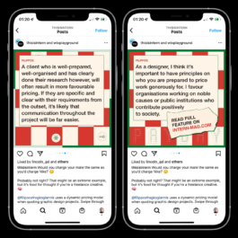 Two smartphones display Instagram posts by @thisisintern featuring insights from Filippos Fragkogiannis about dynamic pricing in graphic design. The left screen shows a quote emphasizing that well-prepared and organized clients, who communicate clearly from the start, are likely to receive more favorable pricing and experience smoother collaboration. The right screen features a quote where Filippos states that designers should have principles about who they offer generous pricing to, expressing a preference for working with noble causes or public institutions that contribute positively to society. Both posts are part of a campaign promoting a full feature on intern-mag.com. Filippos Fragkogiannis