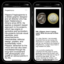 Two smartphones displaying an online interview with Filippos Fragkogiannis on the 