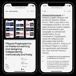 A screenshot of an online interview article on The Brand Identity featuring Filippos Fragkogiannis. The left phone screen displays the article's title, 