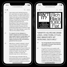 A digital screenshot of an interview on The Brand Identity website, displayed on two smartphone screens. The left screen shows a text-based interview discussing influences, academic pursuits, and visual communication, with the interviewer’s questions in bold and responses in regular text. The right screen features bold typography, including phrases like 