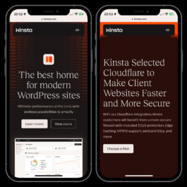 Two smartphone screens displaying the Kinsta website. The left screen features a dark-themed homepage with the tagline 