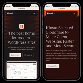 Two smartphone screens displaying the Kinsta website. The left screen features a dark-themed homepage with the tagline 