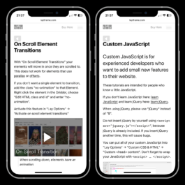 A digital screenshot of the Lay Theme website displayed on two smartphone screens. The left screen shows a tutorial on On Scroll Element Transitions, explaining how elements can animate when scrolled into view. It provides instructions on disabling animations for specific elements and activating the feature in Lay Options. A preview video with a caption, 