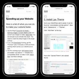 Two smartphones displaying pages from the Lay Theme website. The left screen shows a section titled