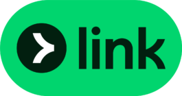 The Link payment method logo, which has a green oval background. On the left side, there is a black circle containing a white stylized arrow pointing to the right. To the right of the circle, the word 