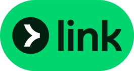 The Link payment method logo, which has a green oval background. On the left side, there is a black circle containing a white stylized arrow pointing to the right. To the right of the circle, the word 