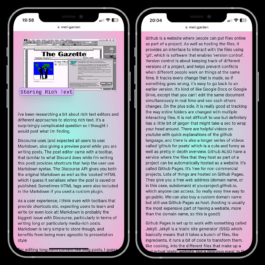 Two iPhones displaying a pastel-colored website with a gradient background from pink to purple. The left phone shows a webpage titled 