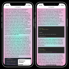 Two iPhones displaying pages from Meri Leeworthy's portfolio website, featuring the Vercetti Regular font. The design has a pastel gradient background transitioning from pink to purple. The left screen explains static vs. dynamic websites, highlighting Jekyll and Markdown formatting. The right screen compares blogs to directories and calendars, showcasing an example of Jekyll’s blog post structure with YAML front matter. The pages use highlighted text and code snippets to illustrate key web development concepts. Filippos Fragkogiannis