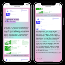 Two smartphone screens display pages from Meri Leeworthy's portfolio website, using the Vercetti Regular and Sligoil fonts. The left screen presents a project titled 