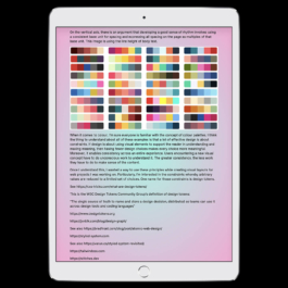 An iPad screen displays a page from Meri Leeworthy's portfolio website, featuring the Vercetti Regular font. The page discusses design tokens, constraints in visual design, and the importance of consistency in user experience. A grid of colorful palette samples is shown at the top, illustrating color theory concepts. Below, the text explains how limiting design choices enhances meaning and usability. Several external links related to design tokens and atomic web design are listed at the bottom. The background has a soft pastel gradient, and the layout is structured for readability. Filippos Fragkogiannis