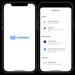 Two smartphones displaying the Monese mobile app interface. The phone on the left shows the white Monese splash screen with the blue Monese logo and text. The phone on the right shows the 'Add money' screen with several top-up options. Under 'Top-up' are 'Debit card top-up' and 'Apple Pay'. Under 'Bank transfer' are 'Receive EUR' (from within SEPA) and 'Receive money from abroad' (from 179 countries in 31 currencies). Under 'Add cash' is the 'Paysafecash' option. Each option includes an icon and a right-facing arrow for selection. Filippos Fragkogiannis