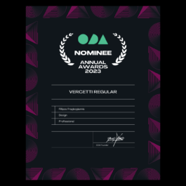 Certificate of nomination for the ODA Annual Awards 2023. The certificate features a dark background with geometric patterns in pink and purple along the borders. In the center, white text reads 'ODA NOMINEE ANNUAL AWARDS 2023' with a laurel wreath graphic on either side. Below, the nominee is listed as 'Vercetti Regular'. Further details include the name 'Fillipos Fragkogiannis', category 'Design', and designation 'Professional'. The certificate is signed by the ODA Founder, with a stylized signature. Filippos Fragkogiannis