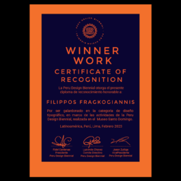A certificate of recognition from the Peru Design Biennial awarded to Filippos Fragkogiannis for excellence in typographic design. The certificate features a bold orange border with a deep navy blue background. The text is in orange, with 