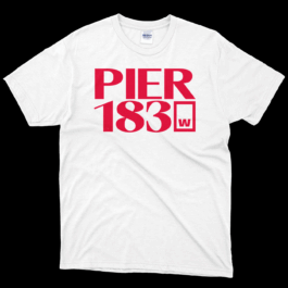 White T-shirt featuring bold red text 'PIER 183' with a rectangular box containing the letter 'W' to the right of the number. The text is centered on the chest area of the shirt. Filippos Fragkogiannis