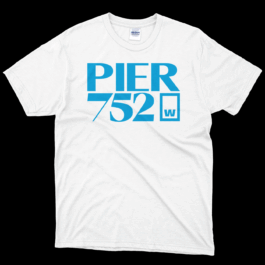 A white t-shirt featuring bold, blue typography that reads 
