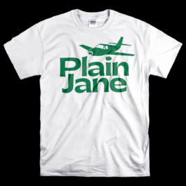 A white Gildan-brand T-shirt featuring a bold green graphic design. The design includes the words 