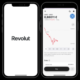 Two smartphones displaying the Revolut app interface. The phone on the left shows the Revolut logo on a white background. The phone on the right displays a cryptocurrency exchange screen for USDC to USDC with the current rate of 0.88011 €, showing a red downward trend graph. Additional details include a -0.57% daily change, market cap of 60.34B $, and a 