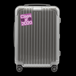 Silver hard-shell Rimowa suitcase with vertical grooves, shown against a black background. A purple sticker on the upper left corner reads 'Class of 2020' with two globe icons replacing the zeros in '2020'. Filippos Fragkogiannis
