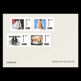 Concept design of a set of four postage stamps by RIMOWA for Deutsche Post, each valued at 80 cents. The stamps feature various photographic backgrounds, including a suitcase, an ice cream cone, a historical building, and a cake, all overlaid with a bold white abstract monogram design. The bottom right corner of the background includes the coordinates “50°59′11.7″N 6°53′05.4″E,” referencing a location in Cologne, Germany. Filippos Fragkogiannis