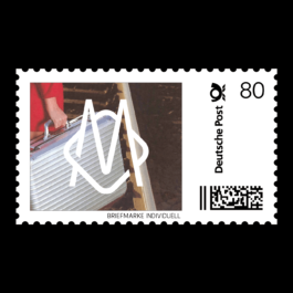 Concept postage stamp design for Deutsche Post with a value of 80 cents. The stamp features a close-up image of a person in a red outfit holding a silver RIMOWA suitcase next to train tracks. Overlaid on the image is a bold, white abstract monogram. Text at the bottom reads “BRIEFMARKE INDIVIDUELL,” and the right side includes the Deutsche Post logo, denomination, and a barcode. Filippos Fragkogiannis