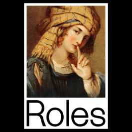 A stylized image featuring a classical painting of a person in historical attire with a head wrap, holding a finger to their lips in a 'shushing' gesture. Below the painting, the word 'Roles' is written in large, modern black typography on a white background. Filippos Fragkogiannis
