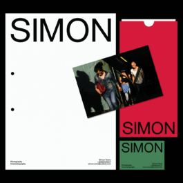 Alt text: A visual identity layout for a photographer named Simon Tzimo. The design features a clean, modern aesthetic with bold typography. The name “SIMON” is prominently displayed in large black letters on a white background to the left, and repeated on red and green blocks to the right. A photograph of three people walking in strong sunlight and shadows is placed diagonally across the layout. Contact information for Simon Tzimo, including phone number and email, appears at the bottom in small text. The words “Photography” and “Cinematography” are also included, indicating the creative services offered. Filippos Fragkogiannis