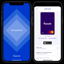 The image displays two smartphone screens showcasing the PaysafeCard app interface. The left screen features the app's splash screen with a blue gradient background, geometric diamond shapes, and the 