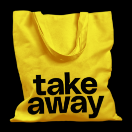 A yellow tote bag with centered black text on one side that reads 