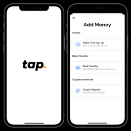 Two smartphone screens showing the Tap financial app interface. The left screen displays the Tap logo on a white background with the word 