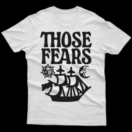 White T-shirt on a black background with 'THOSE TEARS' in black capital letters printed on the front. Below the text are illustrations of a sailboat, the sun, and the moon. Filippos Fragkogiannis