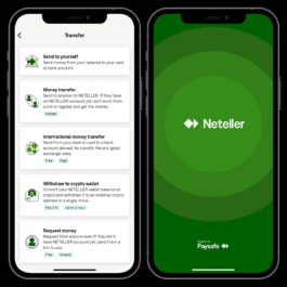 Two smartphones side by side showcasing the Neteller mobile app interface. The right phone screen features the Neteller logo on a green background with a circular gradient pattern, along with the text 