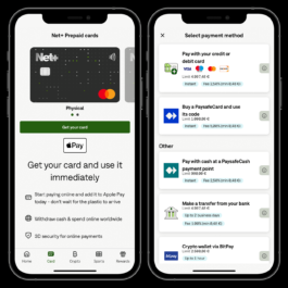 Two smartphone screens display the Neteller mobile app interface. The left screen showcases the 