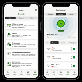 The image displays two smartphone screens showing a financial rewards and sports prediction app interface. The left screen shows the 'Knect' rewards program with a balance of '5 points.' The interface has three tabs: 'Earn,' 'Redeem,' and 'History,' with 'Earn' selected. Below, there are different ways to earn points, such as withdrawing money, depositing funds, trading crypto, using the Net+ Prepaid Mastercard, and sending crypto. Each method specifies the number of points earned per dollar spent or transferred. The bottom navigation bar includes icons for 'Home,' 'Card,' 'Crypto,' 'Sports,' and 'Rewards.' The right screen displays the 'Sports corner' section with tabs for 'Football,' 'My votes,' and 'Games,' with 'My votes' selected. A 'Rising star' badge is shown with a 'Guess score: 36%' based on '67 correct' predictions out of '186 total votes.' Below, a list of past football match predictions is displayed, showing the teams, match dates, final scores, and whether the prediction was correct. The bottom navigation bar is the same as in the left screen, with the 'Sports' tab highlighted. Filippos Fragkogiannis