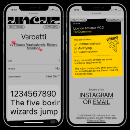 A digital screenshot of two iPhone screens displays the Uncut.wtf website, a libre typeface catalogue. The left screen showcases the 