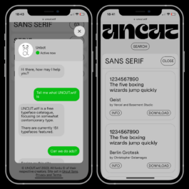 Two smartphone screens displaying the UNCUT.wtf website, a free typeface catalog. The left screen shows a chat interface with 