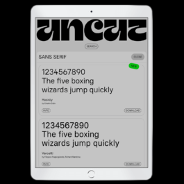 A tablet screen displaying the Uncut typeface catalogue website. The top of the screen features a bold, stylized