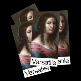 A digital collage of four overlapping classical-style portraits of a woman with long, curly brown hair, a blue ribbon, and a pink and blue garment. Each image has the word 