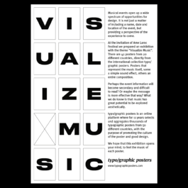 A poster for the “Visualize Music” exhibition, organized by typo/graphic posters. The left side of the image features a vertical arrangement of bold, black letters spelling out 