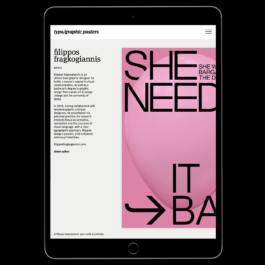 A digital tablet screen displaying a webpage from typo/graphic posters. The left side of the screen features a profile of Filippos Fragkogiannis, a graphic designer from Athens, Greece. His bio outlines his education, collaborations, and focus on semiotics and visual language in design. On the right side of the screen is a large image of one of his posters, which has a pink background and features bold black text reading 