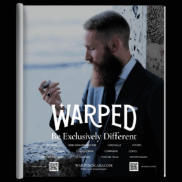 Warped Cigars print magazine advertisement featuring a well-dressed man with a neatly groomed beard, wearing a tailored suit and tie, enjoying a cigar. The image captures a moment of contemplation as he takes his time to inhale and savor the rich flavors and fragrances of the cigar. The backdrop features a textured stone wall with a blurred scenic view in the distance. The bold, stylized typography of 