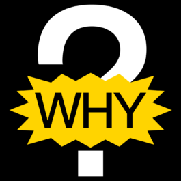 A bold graphic design featuring a large white question mark on a black background. Overlapping the question mark is a bright yellow starburst shape with the word 