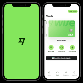 Two smartphones displaying the Wise mobile app interface. The phone on the left shows the green Wise splash screen with the black Wise logo in the center. The phone on the right shows the 'Cards' section of the app, displaying a green physical Visa card. Below the card are three action buttons: 'Show PIN', 'Card details', and 'Freeze card'. There is also a black button labeled 'Add to Apple Wallet'. At the top right is a green 'Order a card' button. The navigation bar at the bottom includes icons for Home, Card, Recipients, and Payments. Filippos Fragkogiannis