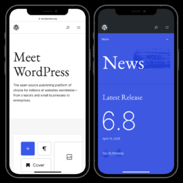 Two smartphones displaying the WordPress.org mobile website. The left phone shows the homepage with the text 'Meet WordPress' and a brief description of the platform. The right phone shows the 'News' section highlighting the latest release, version 6.8, dated April 15, 2025, with a blue background. Filippos Fragkogiannis